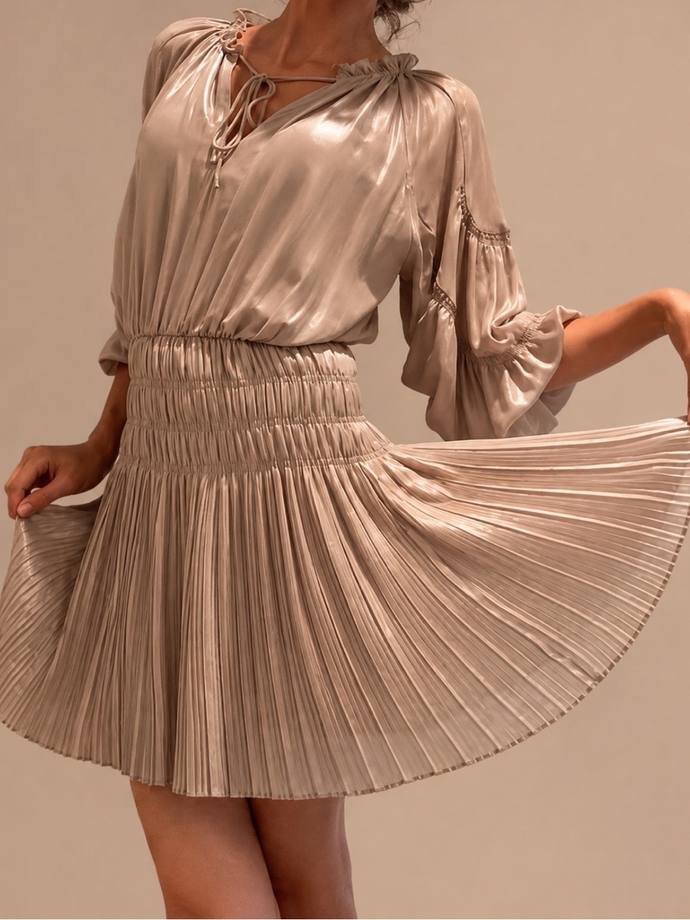 Pookie and Sebastian Aurelie Pleated Smocked Beige Mini Dress. Size XS